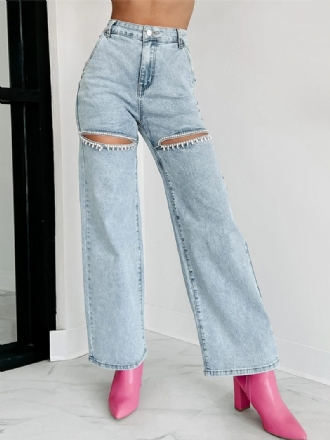 Damen-jeans Mit Weitem Bein Strasssteinen Ausschnitt Hoher Taille Lässige Denim-hose