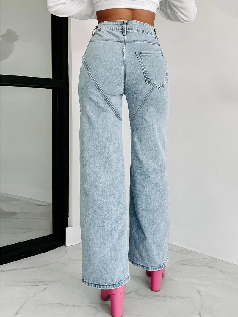 Damen-jeans Mit Weitem Bein Strasssteinen Ausschnitt Hoher Taille Lässige Denim-hose - Blau