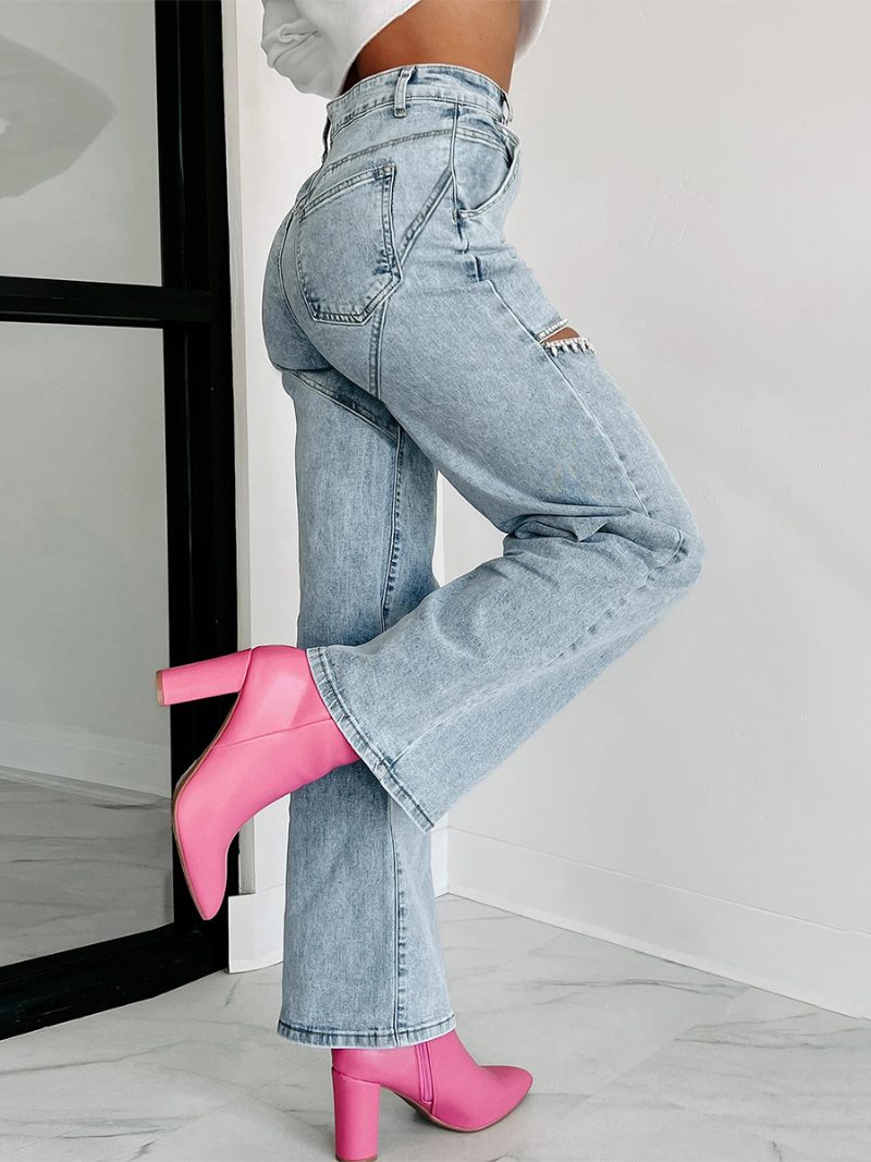 Damen-jeans Mit Weitem Bein Strasssteinen Ausschnitt Hoher Taille Lässige Denim-hose - Blau