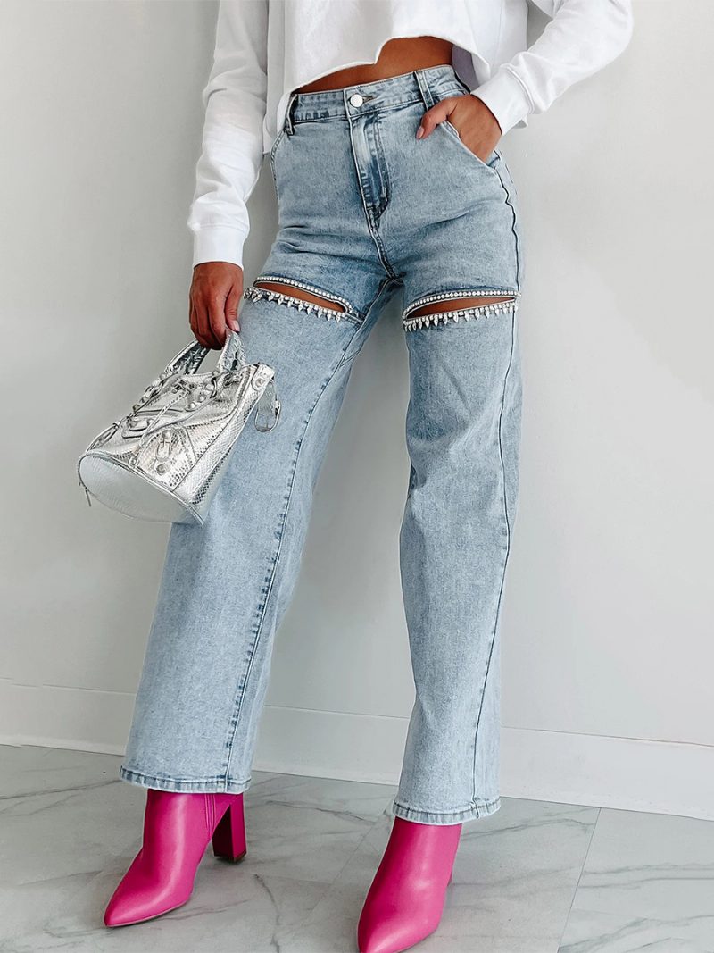 Damen-jeans Mit Weitem Bein Strasssteinen Ausschnitt Hoher Taille Lässige Denim-hose - Blau