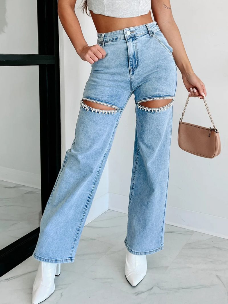 Damen-jeans Mit Weitem Bein Strasssteinen Ausschnitt Hoher Taille Lässige Denim-hose - Blau