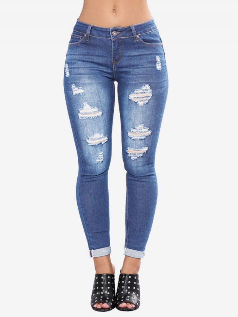 Damen-jeans Moderne Distressed-röhrenjeans Aus Baumwolle