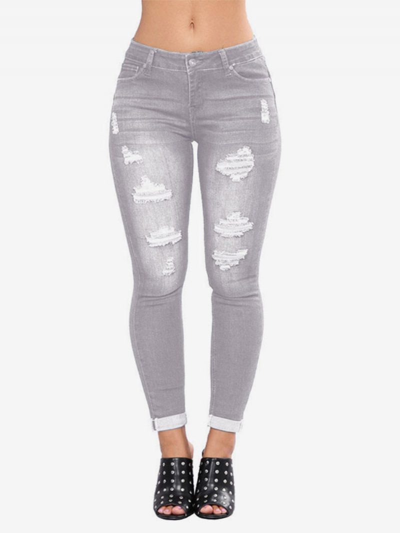 Damen-jeans Moderne Distressed-röhrenjeans Aus Baumwolle - Grau