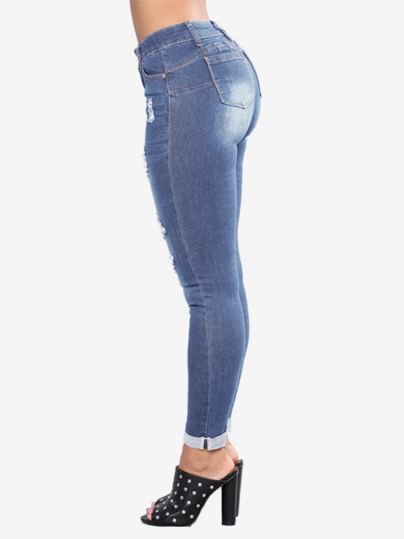 Damen-jeans Moderne Distressed-röhrenjeans Aus Baumwolle - Helles Himmelblau