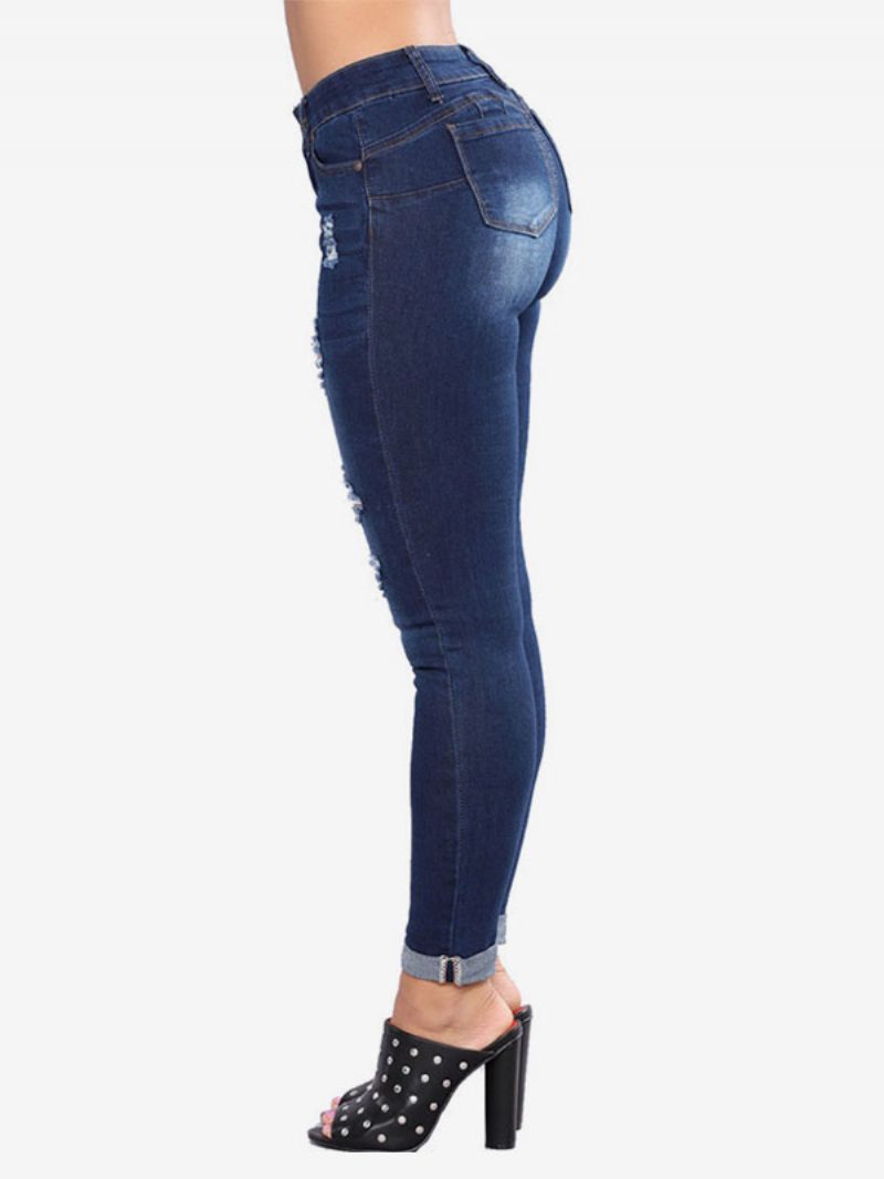 Damen-jeans Moderne Distressed-röhrenjeans Aus Baumwolle - Tiefes Blau