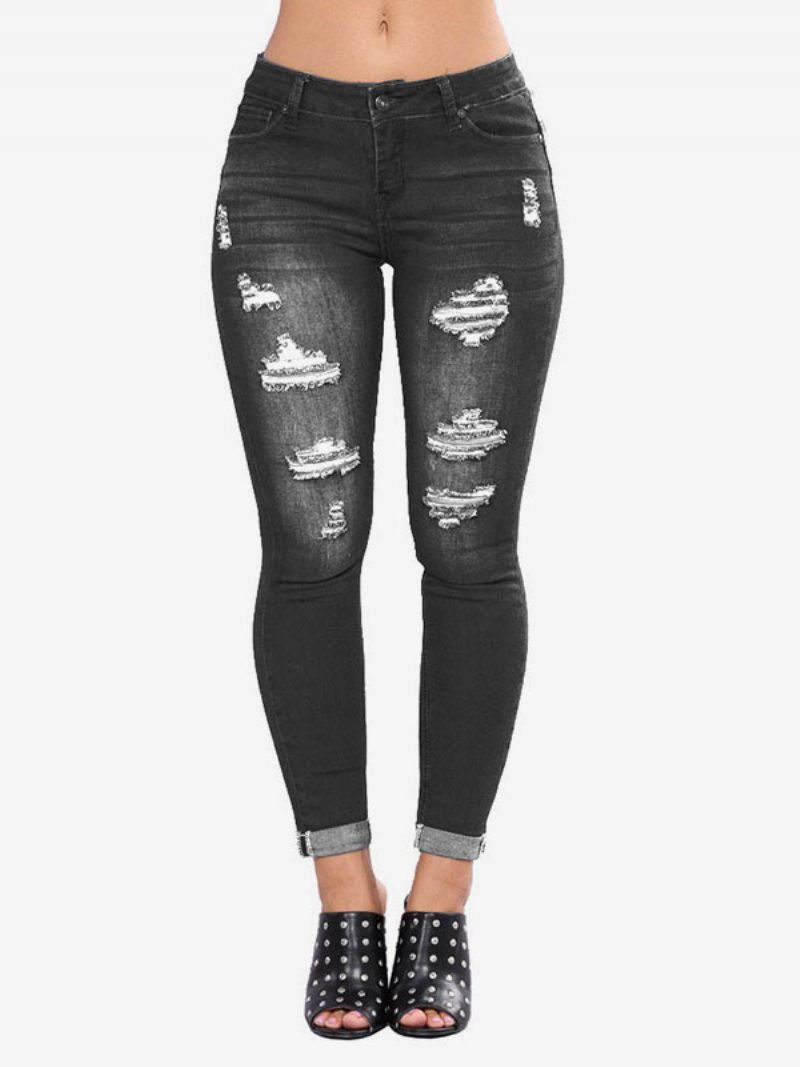 Damen-jeans Moderne Distressed-röhrenjeans Aus Baumwolle - Schwarz