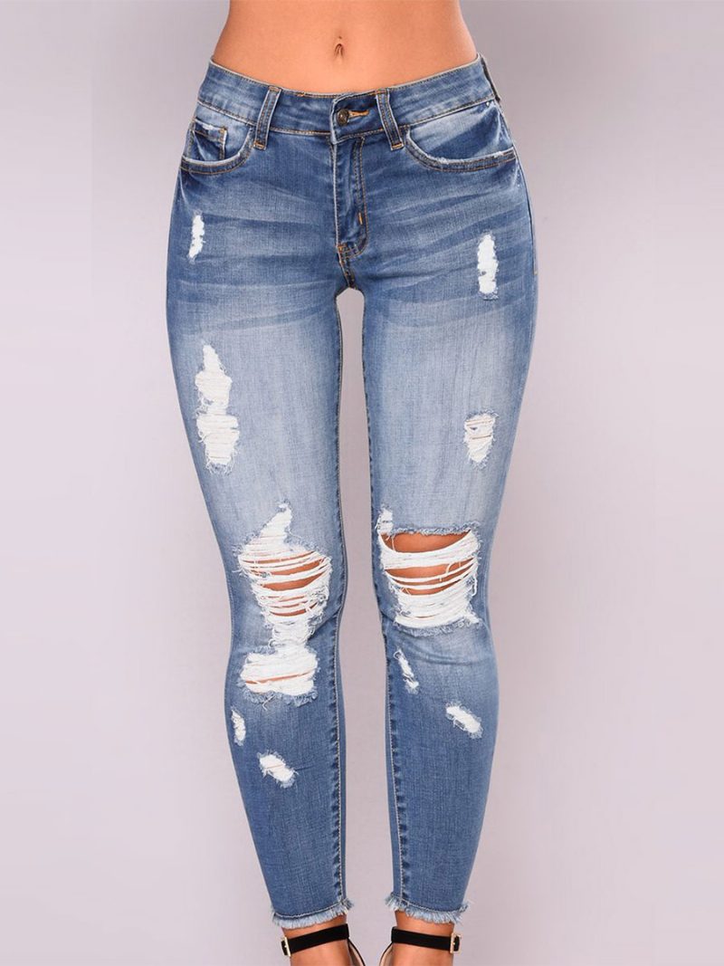 Damen-jeans Tiefblau Knöpfe Reißverschluss Unregelmäßige Hohe Taille Konische Passform Cowboy-denim-hose - Helles Himmelblau