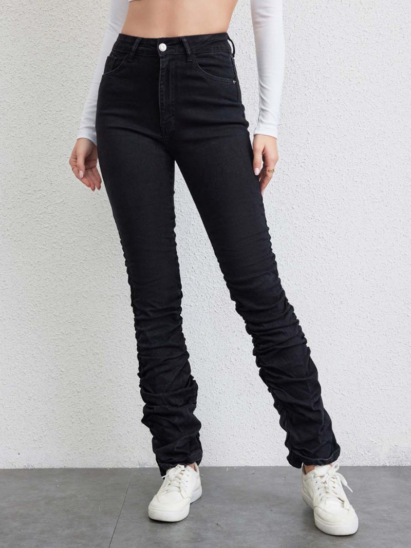 Damen-plisseejeans Mit Hohem Bund Und Reißverschluss Gerade Denim-hose