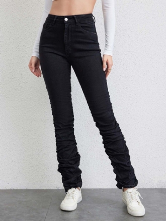 Damen-plisseejeans Mit Hohem Bund Und Reißverschluss Gerade Denim-hose