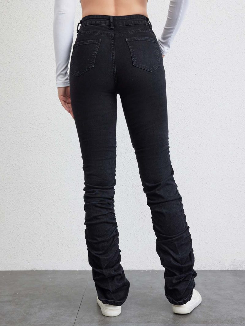 Damen-plisseejeans Mit Hohem Bund Und Reißverschluss Gerade Denim-hose - Schwarz