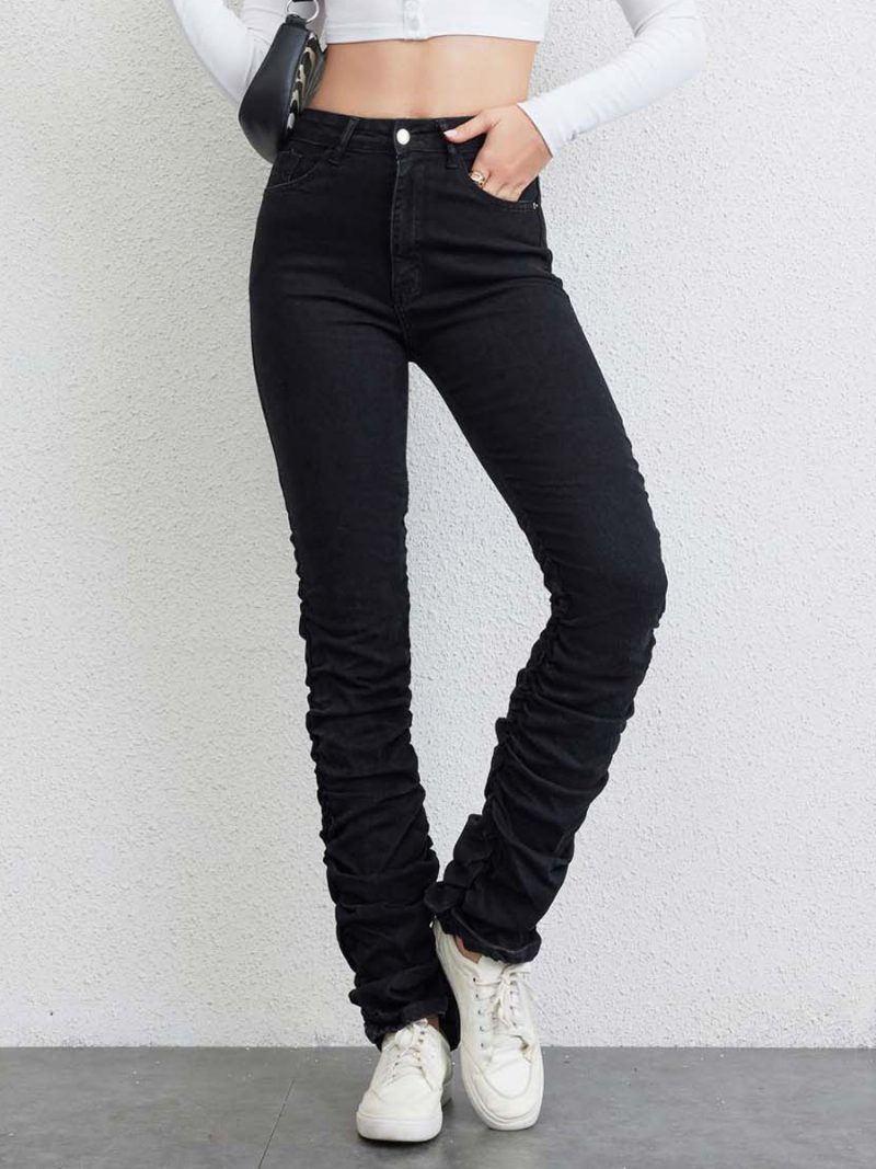 Damen-plisseejeans Mit Hohem Bund Und Reißverschluss Gerade Denim-hose - Schwarz