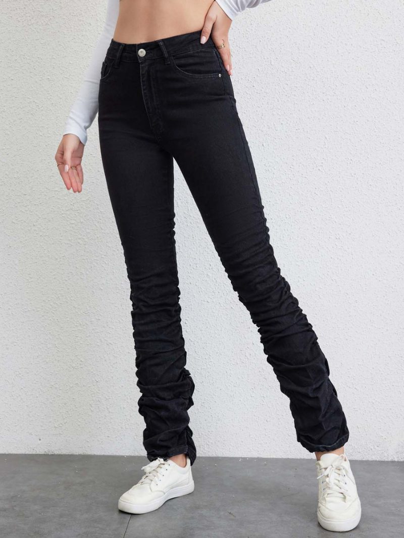 Damen-plisseejeans Mit Hohem Bund Und Reißverschluss Gerade Denim-hose - Schwarz