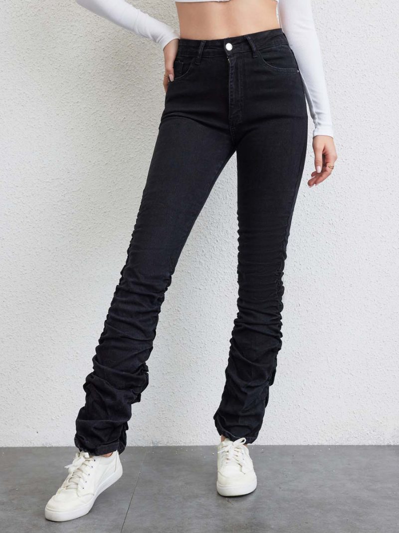 Damen-plisseejeans Mit Hohem Bund Und Reißverschluss Gerade Denim-hose - Schwarz