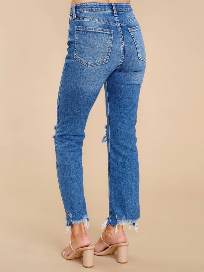 Distressed Jeans Tapered Fit Damenhose Mit Quastenbesatz Und Reißverschluss - Blau