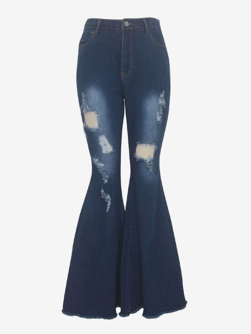 Flare Jeans Raw Edge Ripped High Rise Bell Bottoms Für Frauen 2024 - Tiefes Blau