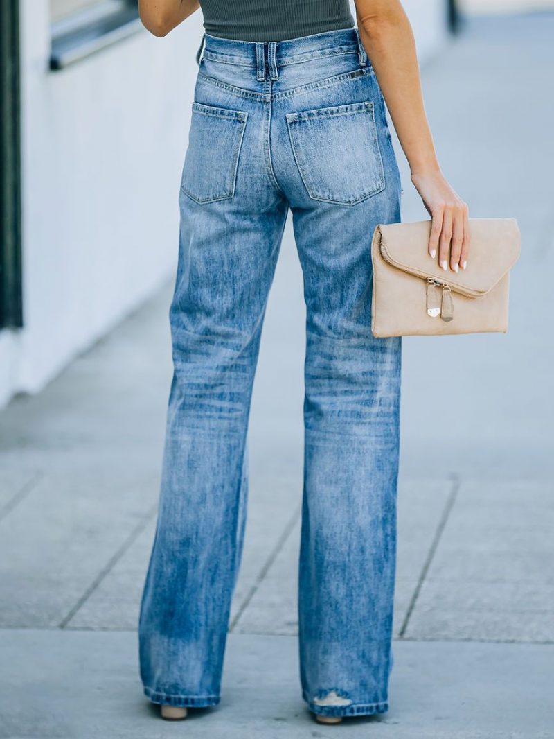 Gerade Jeans Für Damen Mit Hohem Bund Und Zerrissenen Frühlingshosen 2024 - Blau