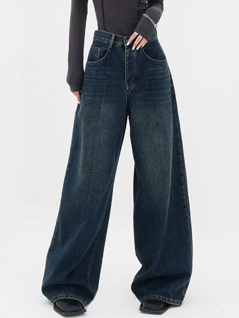 Gerade Jeans Für Damen Vintage High Rise Wide Leg Bottoms 2024 - Blau