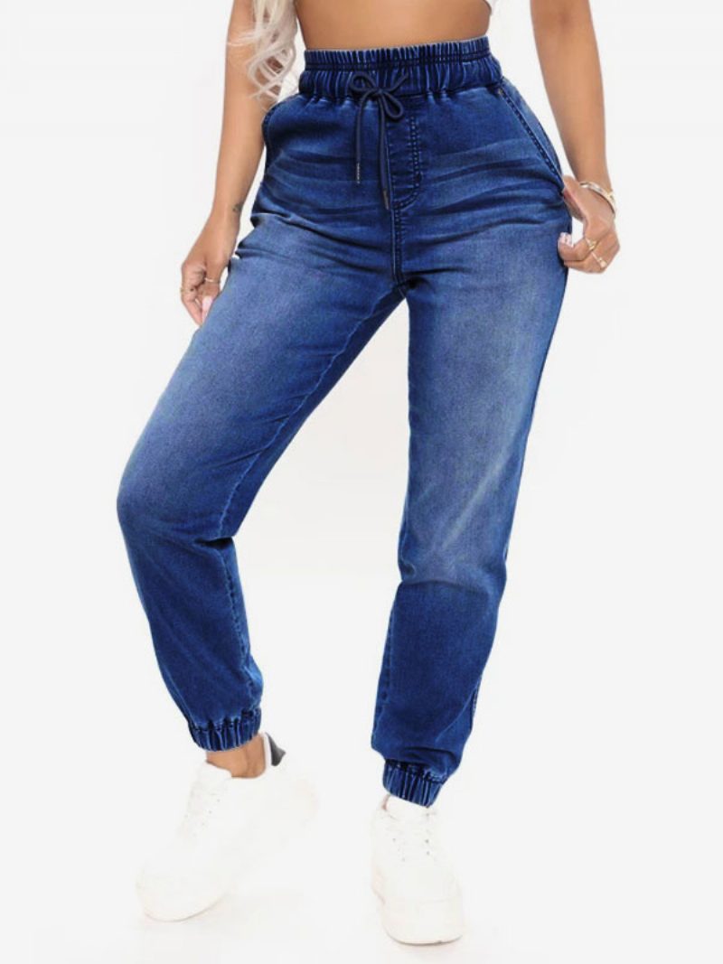 Jeans Für Damen Coole Blaue Konisch Geschnittene Baumwollhose - Tiefblau