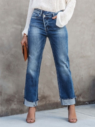 Jeans Mit Weitem Bein Hoher Taille Reißverschluss Asymmetrische Damenhose