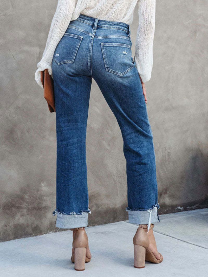 Jeans Mit Weitem Bein Hoher Taille Reißverschluss Asymmetrische Damenhose - Blau