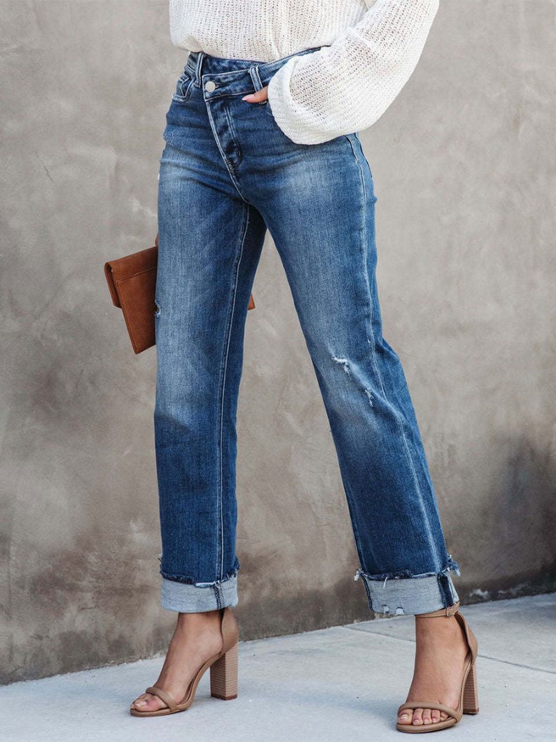 Jeans Mit Weitem Bein Hoher Taille Reißverschluss Asymmetrische Damenhose - Blau