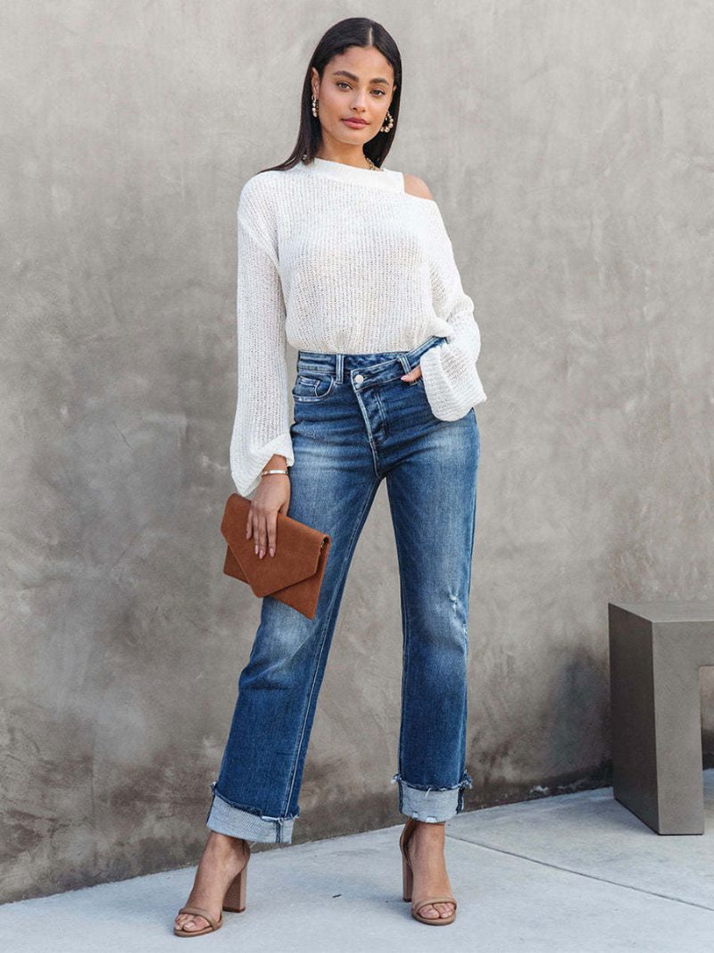 Jeans Mit Weitem Bein Hoher Taille Reißverschluss Asymmetrische Damenhose - Blau