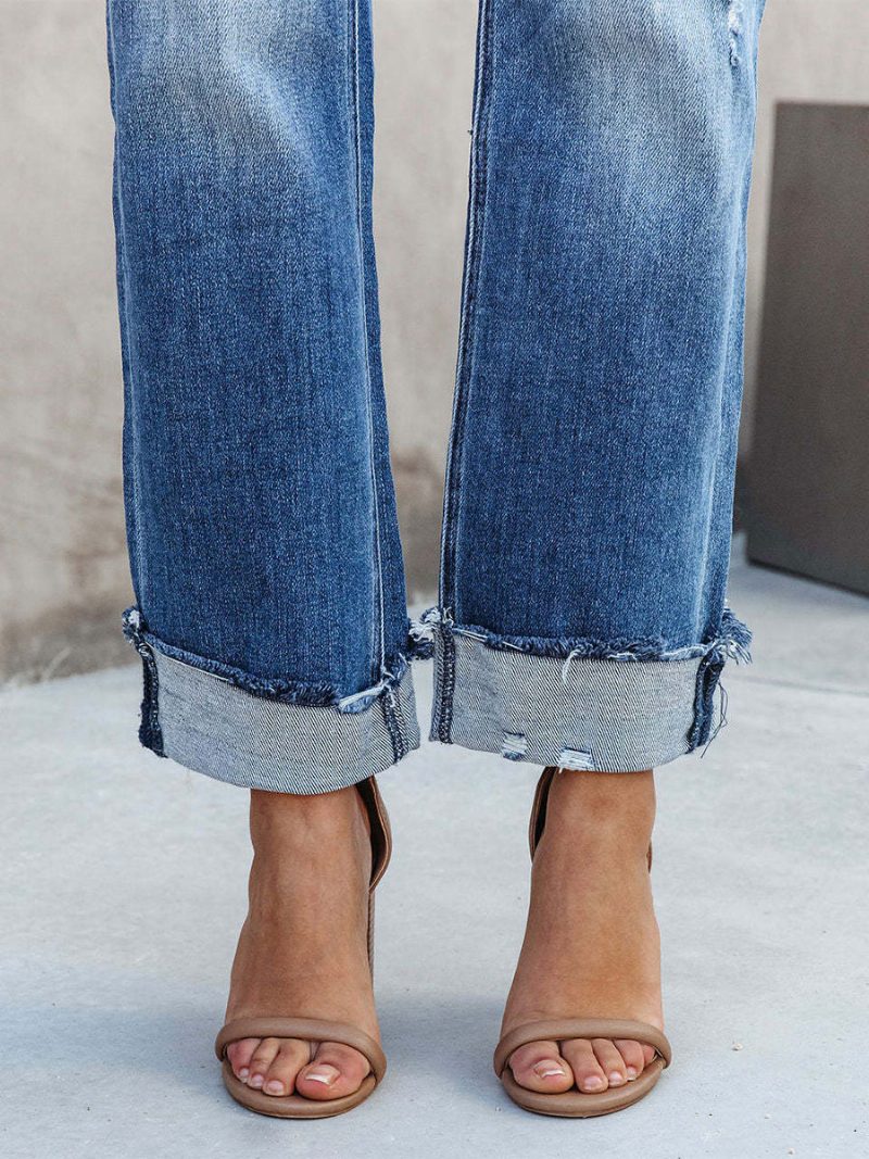 Jeans Mit Weitem Bein Hoher Taille Reißverschluss Asymmetrische Damenhose - Blau