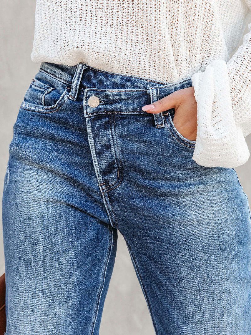 Jeans Mit Weitem Bein Hoher Taille Reißverschluss Asymmetrische Damenhose - Blau