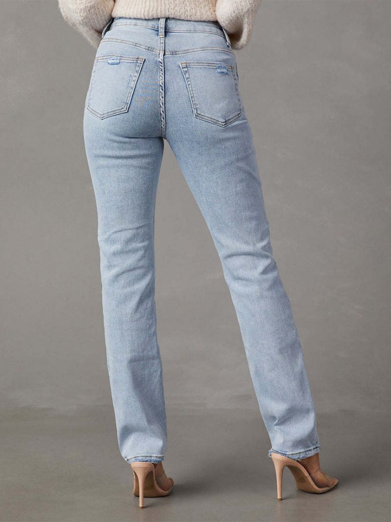 Klassische Jeans Mit Reißverschluss Und Hoher Taille Für Damen Hellem Himmelblau - Helles Himmelblau