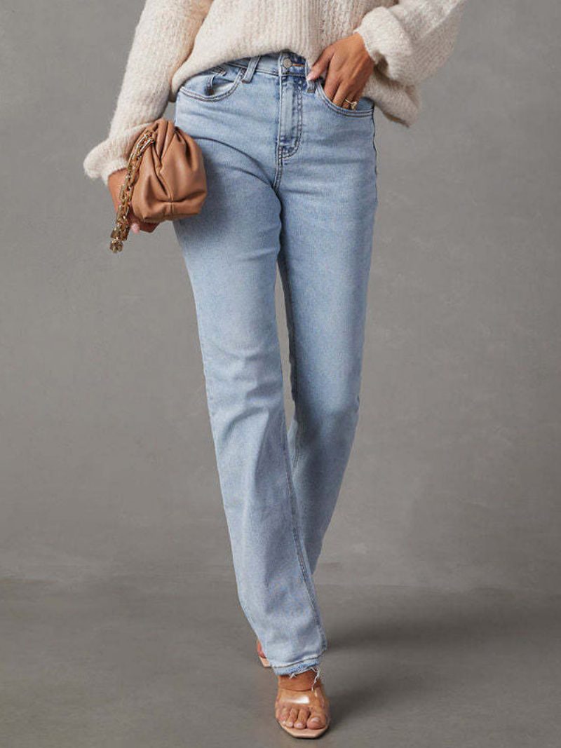 Klassische Jeans Mit Reißverschluss Und Hoher Taille Für Damen Hellem Himmelblau - Helles Himmelblau