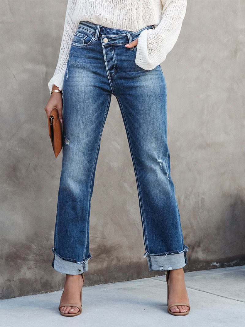 Kurze Jeanshose Mit Knopfverschluss Gerade Einfarbige Jeans Für Damen