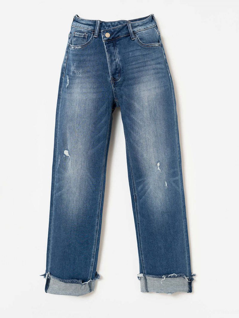 Kurze Jeanshose Mit Knopfverschluss Gerade Einfarbige Jeans Für Damen - Blau