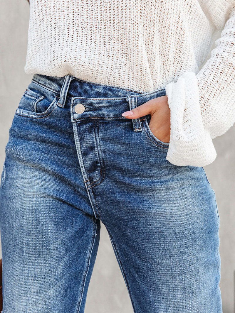 Kurze Jeanshose Mit Knopfverschluss Gerade Einfarbige Jeans Für Damen - Blau