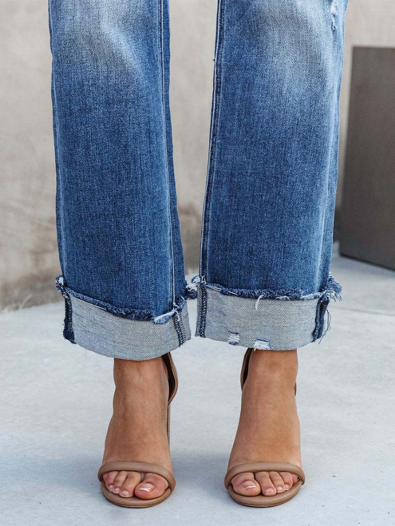 Kurze Jeanshose Mit Knopfverschluss Gerade Einfarbige Jeans Für Damen - Blau