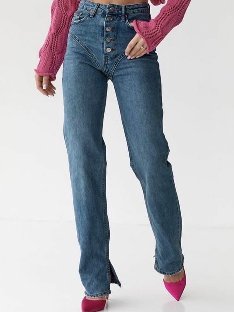 Schicke Cowboy-jeans Mit Knöpfen Hoher Taille Und Geradem Bein Für Damen