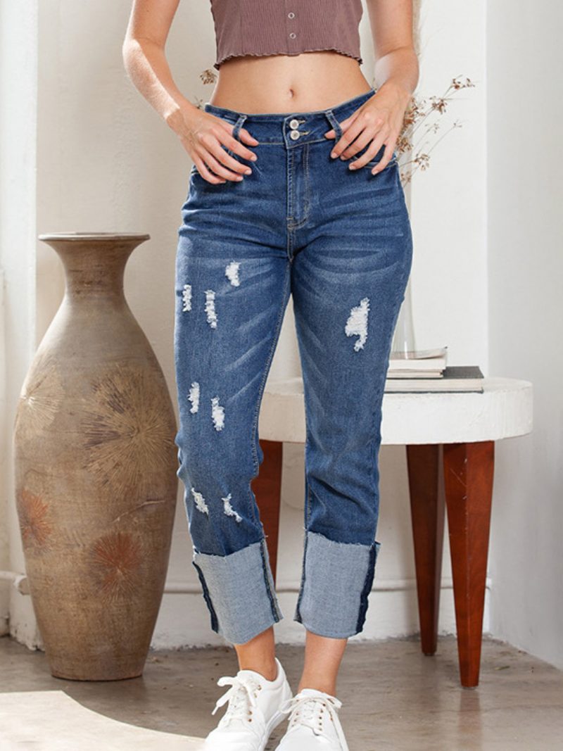 Zerrissene Jeans Mit Bündchen Für Damen Hoch Taillierte Boyfriend-denimhose Geradem Bein - Blau