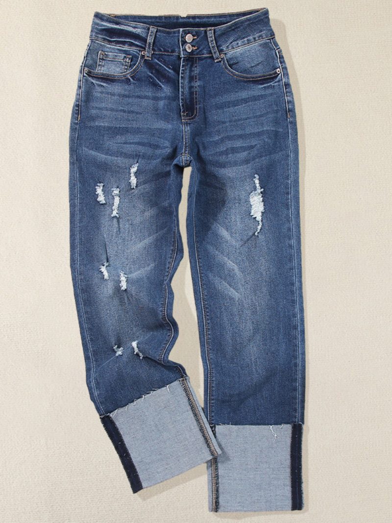 Zerrissene Jeans Mit Bündchen Für Damen Hoch Taillierte Boyfriend-denimhose Geradem Bein - Blau