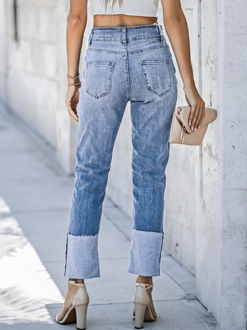 Zerrissene Jeans Mit Bündchen Für Damen Hoch Taillierte Boyfriend-denimhose Geradem Bein - Helles Himmelblau