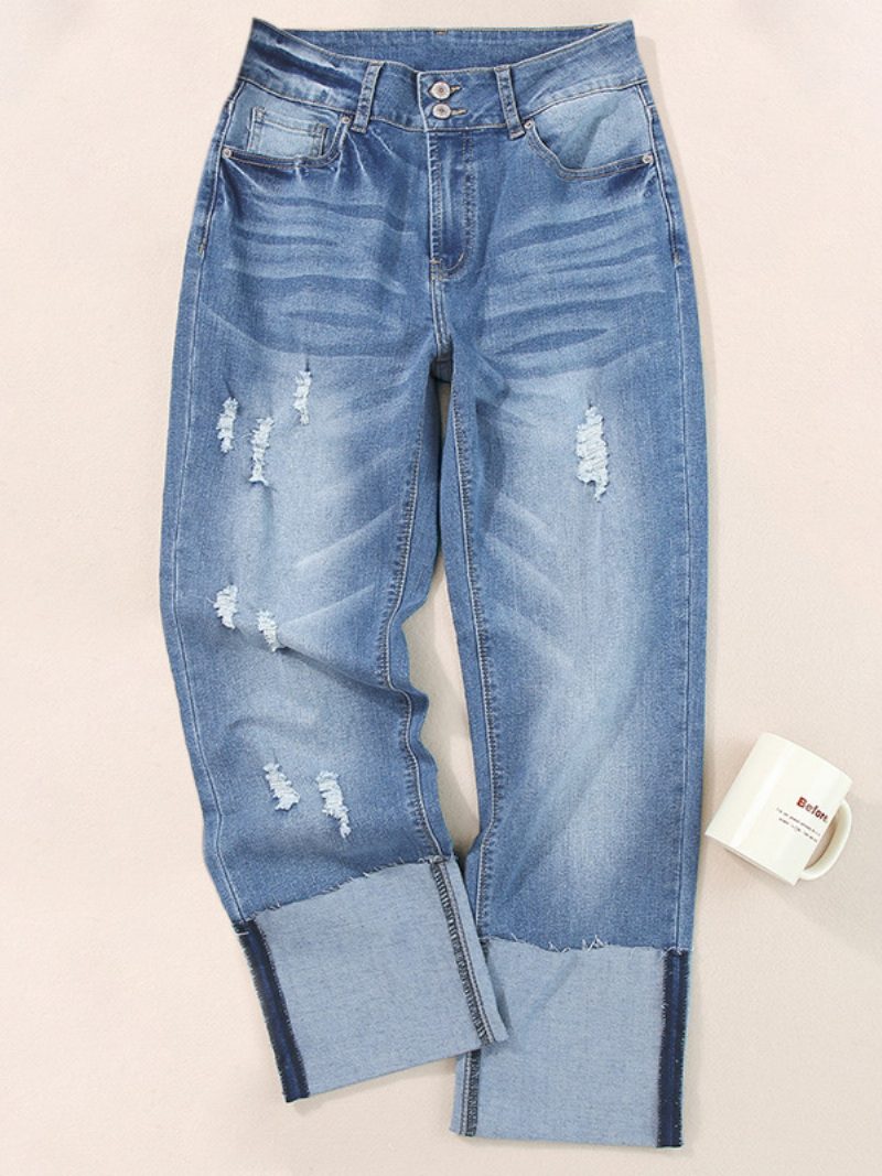 Zerrissene Jeans Mit Bündchen Für Damen Hoch Taillierte Boyfriend-denimhose Geradem Bein - Helles Himmelblau