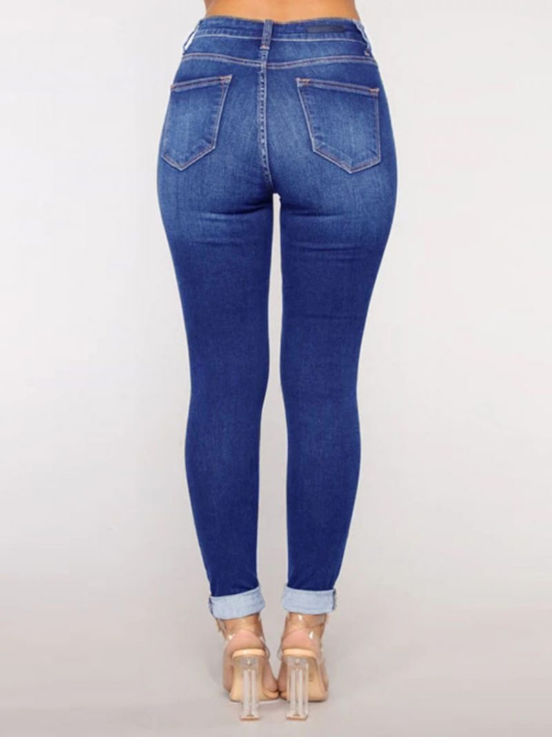 Zerrissene Jeans Mit Hohem Bund Lässige Schmale Baumwollhose Für Damen - Blau