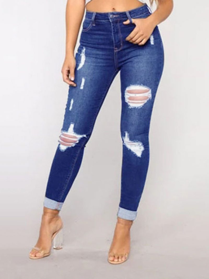 Zerrissene Jeans Mit Hohem Bund Lässige Schmale Baumwollhose Für Damen - Blau