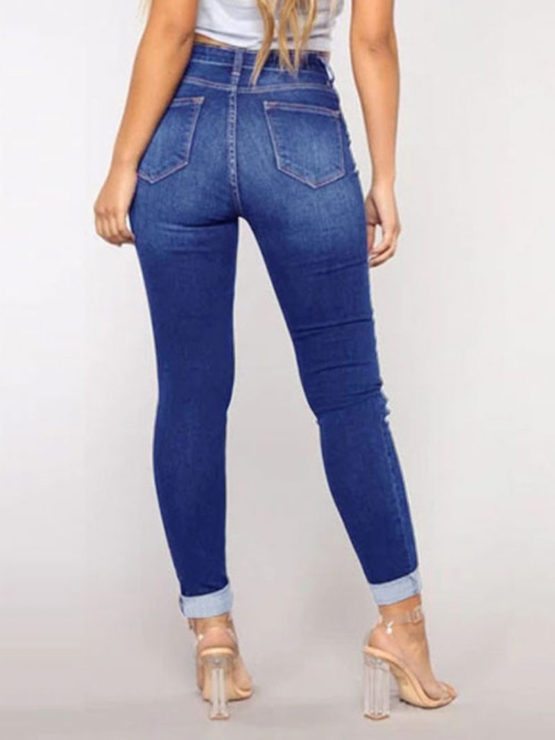 Zerrissene Jeans Mit Hohem Bund Lässige Schmale Baumwollhose Für Damen - Blau