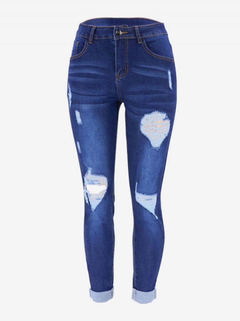 Zerrissene Jeans Mit Hohem Bund Lässige Schmale Baumwollhose Für Damen - Blau