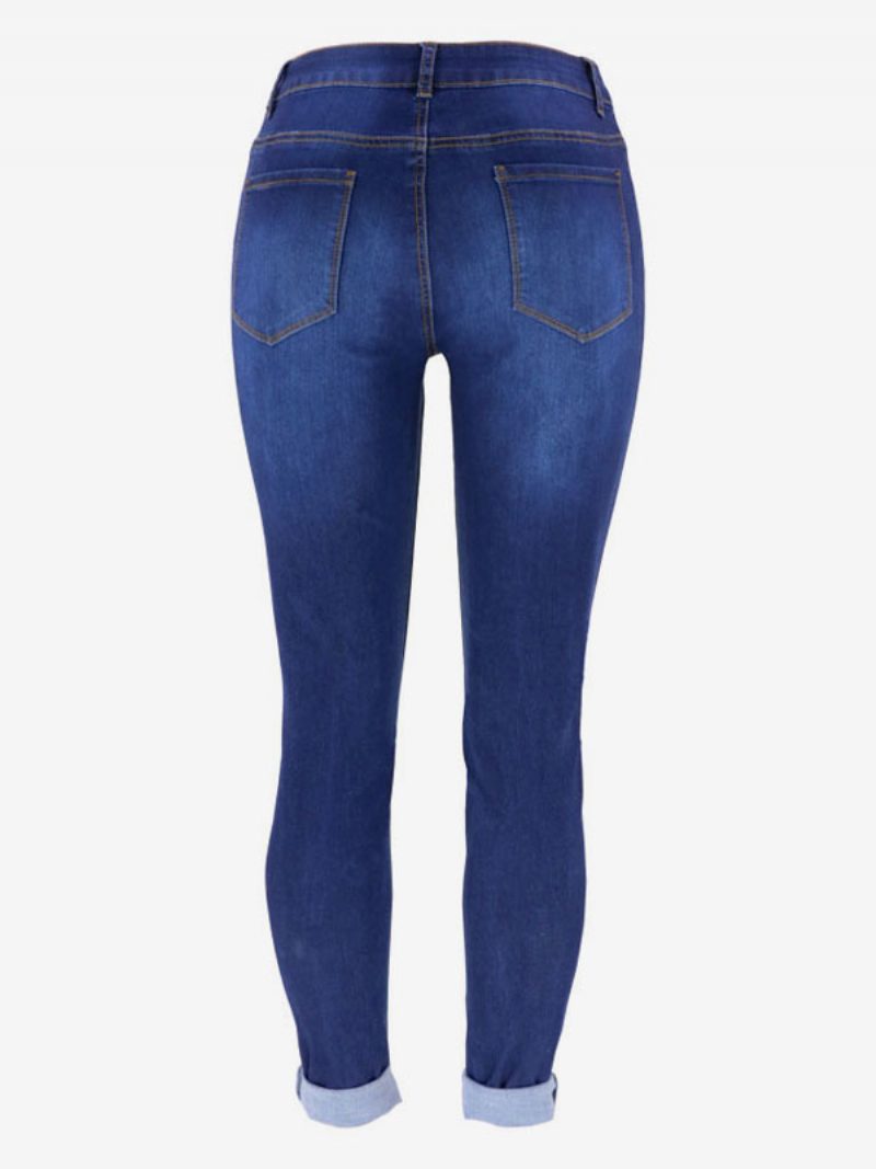 Zerrissene Jeans Mit Hohem Bund Lässige Schmale Baumwollhose Für Damen - Blau