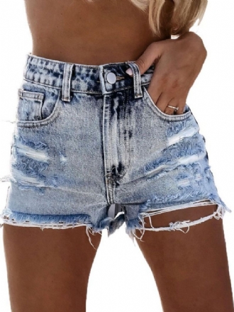 Damen-jeans Hellblau Mit Reißverschluss Knöpfen Gerade Lässig Cowboy-denim-shorts