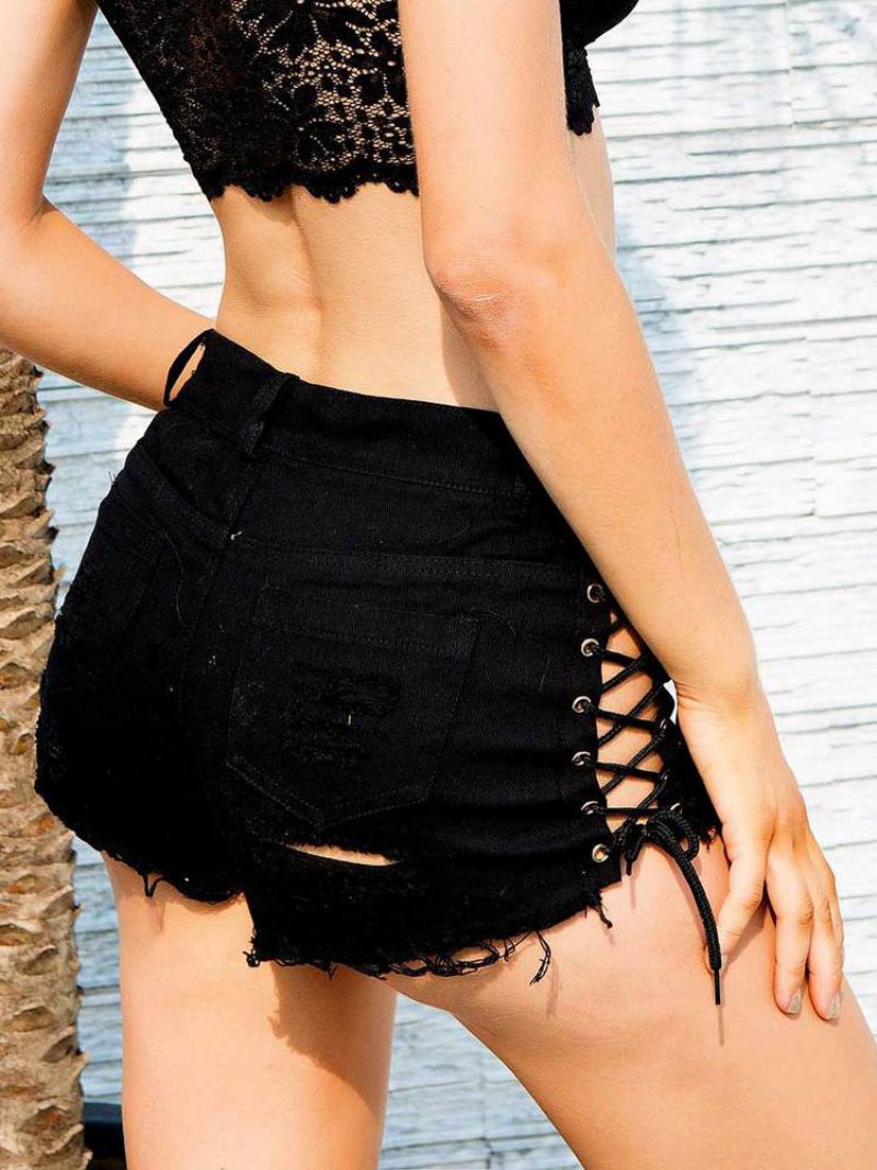 Damen Jeansshorts Weiße Baumwolle Gerade Extra Kurz Lässig Ösen Hotpants - Schwarz