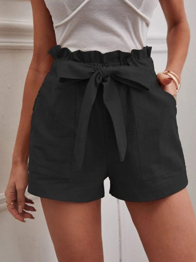 Damen-shorts Aus Leinen Elastische Taille Fliege Taschen Süße Sommerhose