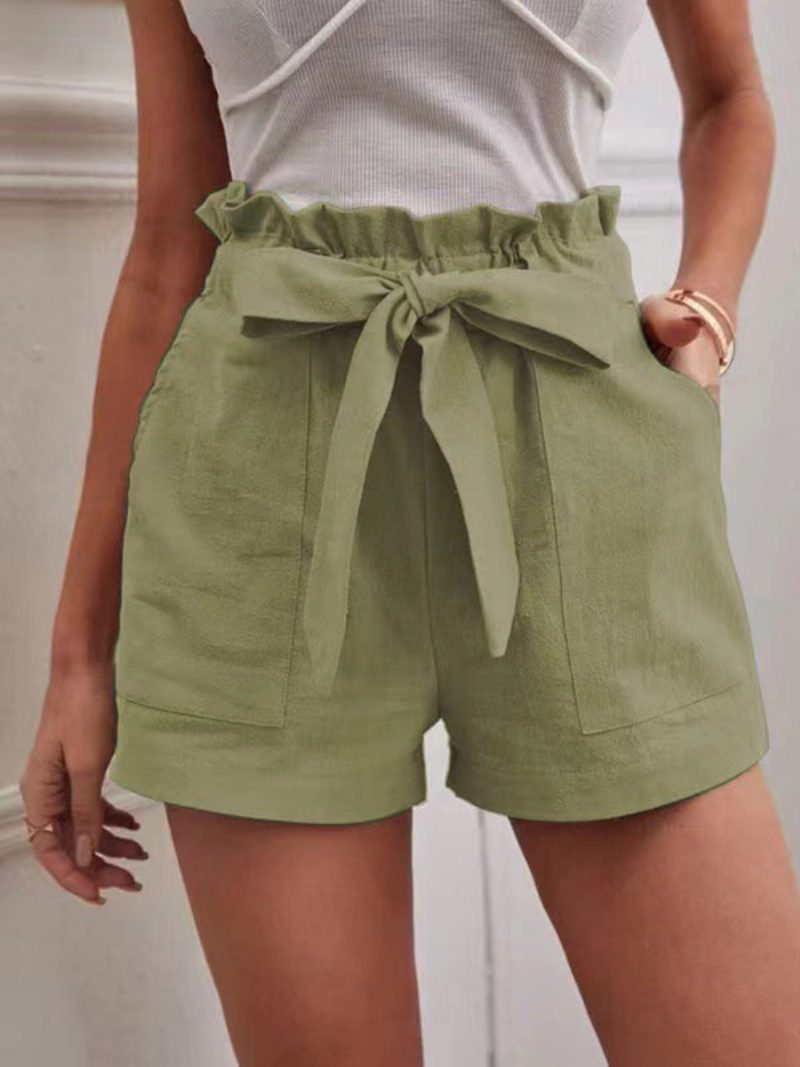 Damen-shorts Aus Leinen Elastische Taille Fliege Taschen Süße Sommerhose - Grasgrün