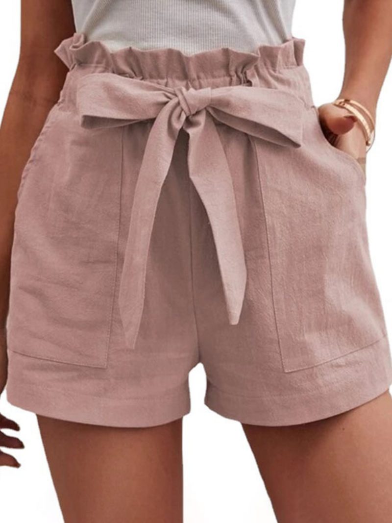 Damen-shorts Aus Leinen Elastische Taille Fliege Taschen Süße Sommerhose - Rosa