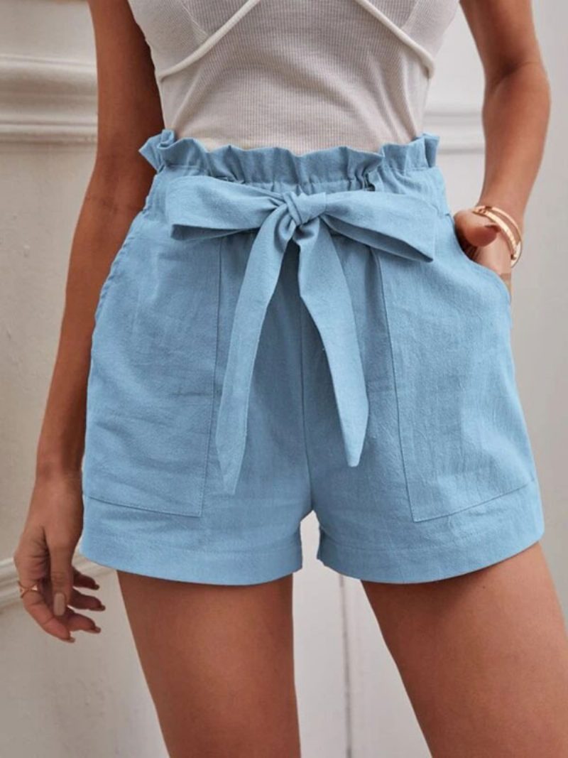 Damen-shorts Aus Leinen Elastische Taille Fliege Taschen Süße Sommerhose - Helles Himmelblau